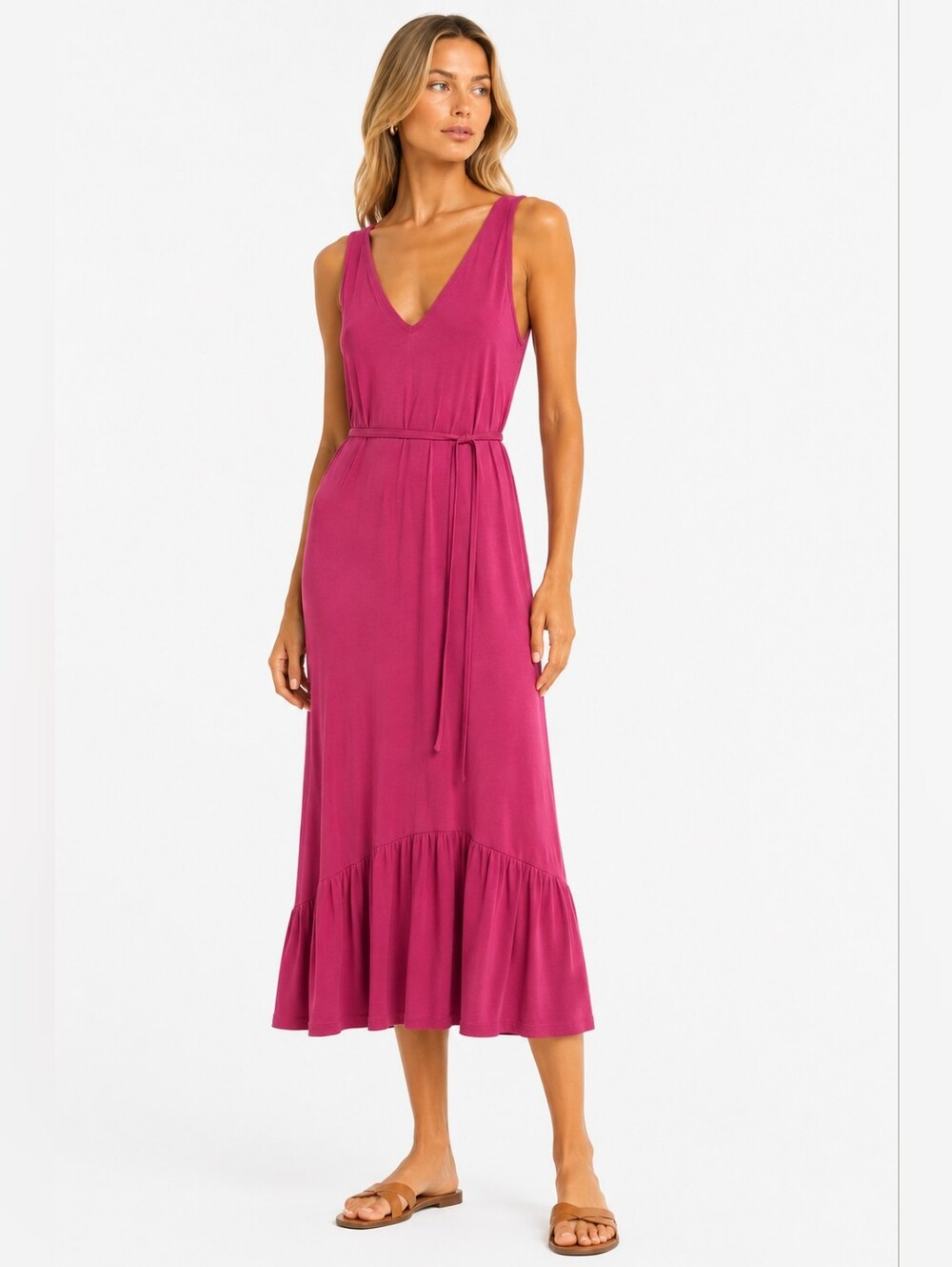 Banana Republic Sleeveless V-Neck Midi Dress in Fuchsia